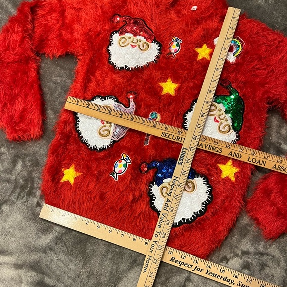 Soft Plush Fuzzy Christmas Sweater Vintage Inspired Sequins Santa Star Holiday - Picture 16 of 17